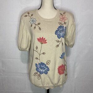 Alfred Dunner Women's Short-Sleeve Tan Floral Embroidered Sweater Size Medium